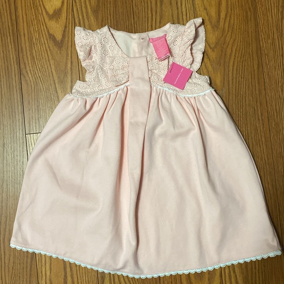 Isaac Mizrahi girls pink eyelet lace sleeveless dress, lace trim hem front bow - Picture 9 of 9